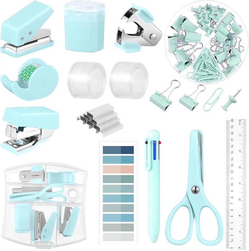 AuraRay Mini Office Supplies, Turquoise Green School Supplies with Sticky Notes,Mini Stapler,Tape Dispenser,Hole Punch,Staple Remover,Staples,Clips,Scissor,Pen (Green) - Image 1